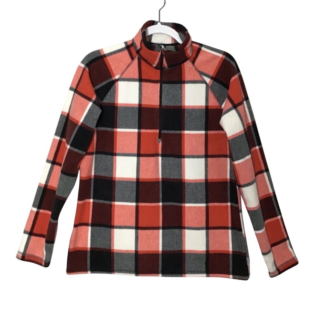 Eddie Bauer Womens Fleece Quarter Zip Plaid Buffalo Check Red Black White Size M